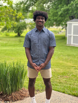 Printed Blue Short Sleeve Button Down