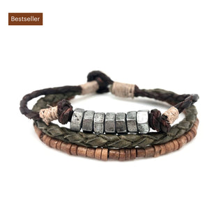Braided Leather Wood/Silver Bracelet