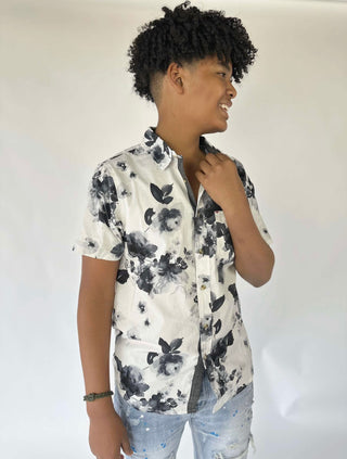 Black and White Floral Button Down Short Sleeve