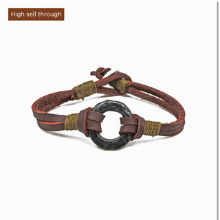 Pewter Disc/Brown Leather Bracelet