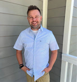 Printed Light Blue Short Sleeve Button Down Shirt