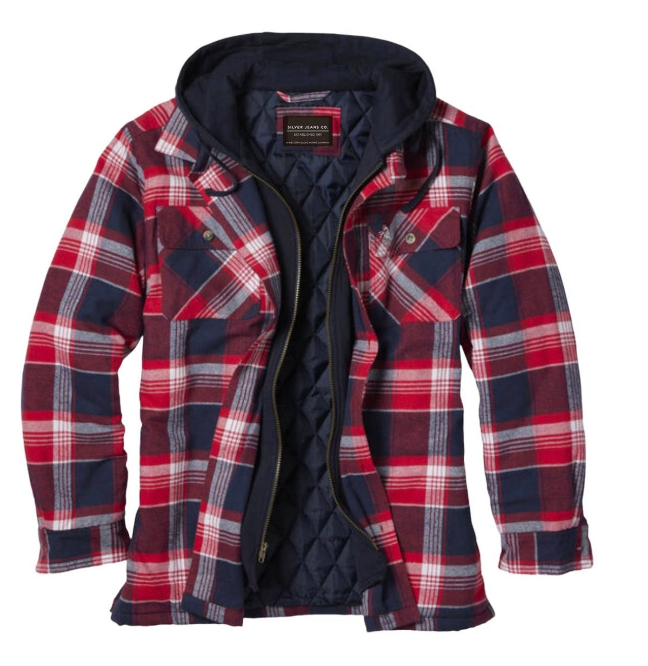 Red Hooded Plaid Quilt-Lined Flannel Shirt Jacket