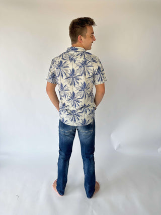 Blue and White Palm Tree Short Sleeve Button Down
